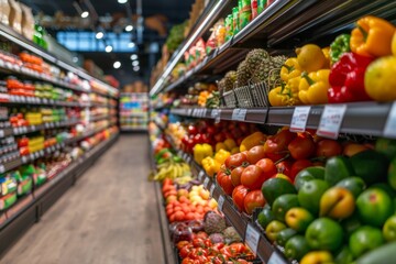 Vibrant grocery store aisle with an array of fresh produce and wholesome foods