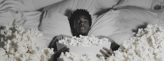 African American man lying on bed covered with popcorn, movie night, black and white photo . Halloween or movie theater banner, horror movie, cover, social media