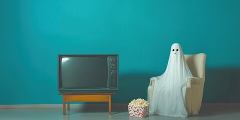 Retro TV with a ghost in a sheet coming out of it, a room with popcorn and a chair, movie night . Banner with copy space blue for halloween or movie theater, horror movie, cover, social media