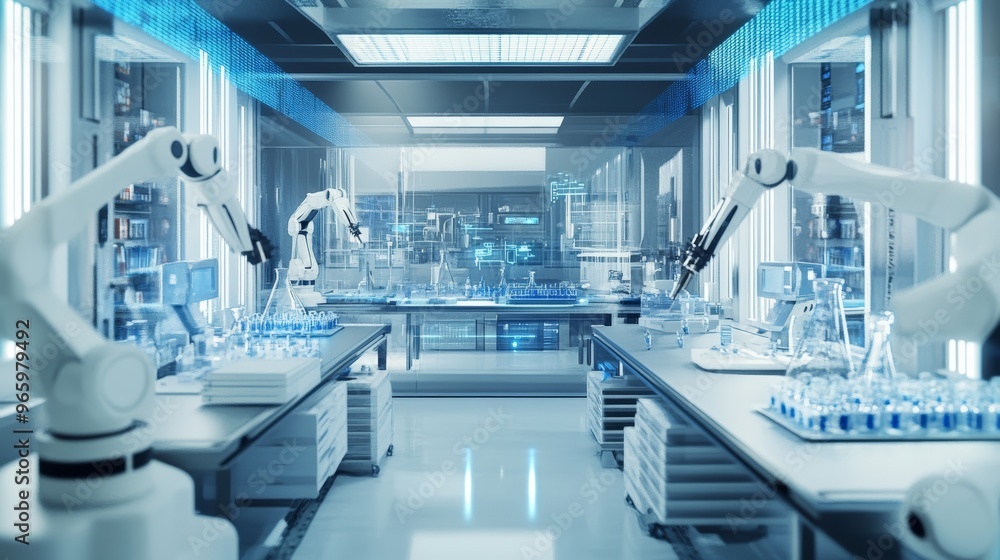 Poster futuristic laboratory with robotic arms automating medical research and viral studies. high-tech set
