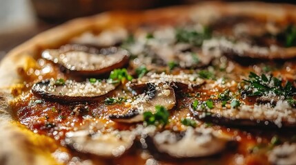 A close-up of a gourmet pizza topped with umami-rich ingredients like mushrooms, anchovies, and a sprinkle of Parmesan cheese
