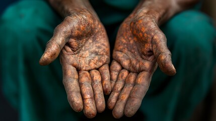 Fototapeta premium Monkeypox new disease dangerous over the world. Patient with Monkey Pox. Painful rash, red spots blisters on the hand. Close up
