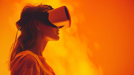 A woman engaged in virtual reality, close up, futuristic and immersive experience with vibrant orange background