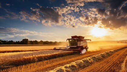 Fototapeta premium Golden Hour Wheat Harvest with Combine Harvester Under Dramatic Sky in Rural Field