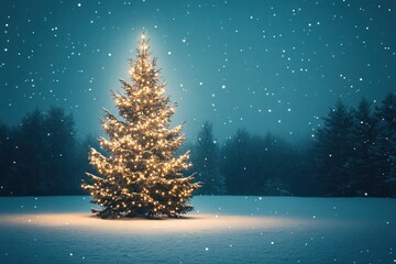 Illuminated Christmas Tree in a Snowy Night Forest