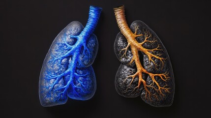 Healthy human lungs glowing blue, contrasted with dark, diseased lungs on the right.