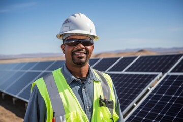 Portrait of a middle aged male engineer standing next to solar panels