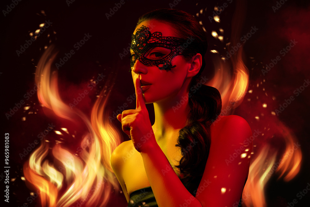 Wall mural Black artwork halloween collage of lady in mask put fingers lips mute in red fire picture background