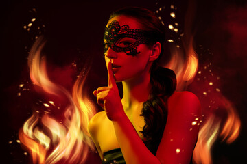 Black artwork halloween collage of lady in mask put fingers lips mute in red fire picture background