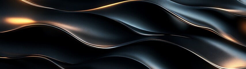 Fototapeta premium Sleek Matte Black Abstract Background with Metallic Bronze Accents and Soft Waves, 3D Render