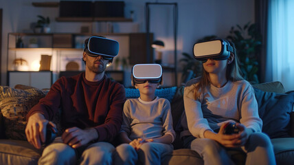 A family using VR headsets in living room setting, experiencing virtual reality together. room is cozy with modern decor and warm lighting