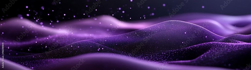 Poster ethereal visions in dark violet - abstract 3d render of purple veils and floating light particles