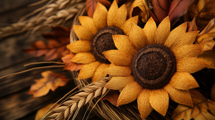 Bright yellow paper sunflowers and dried autumn leaves, placed in a rustic basket