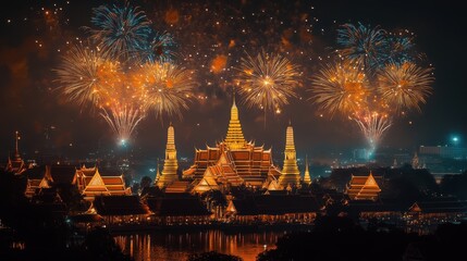 Naklejka premium Fireworks exploding over a grand palace during a New Year's Eve celebration