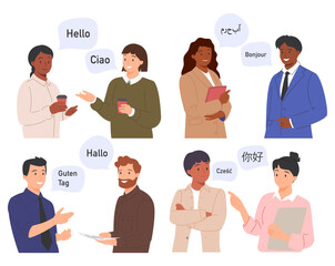 Multilingual greeting flat vector illustration. Hello in different languages. Diverse cultures.