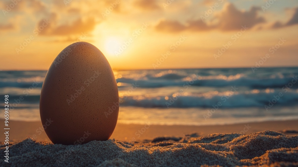 Sticker A large egg resting on the sandy beach at sunset. Waves crash gently in the background. This unique scene captures the beauty of nature and solitude. Perfect for inspirational themes. AI