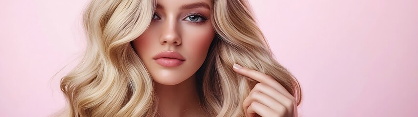 Naklejka premium Gorgeous Caucasian Woman with Curled Blonde Hair Holding Lock, Beauty Portrait on Pastel Pink Background