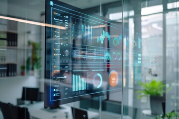 Sophisticated office environment with transparent screen showing swot analysis