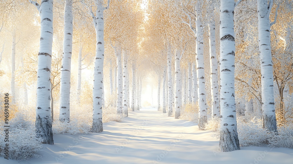 Poster a serene winter scene featuring snowy trees and soft light, creating a tranquil path through the fro