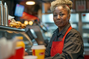 Fototapeta premium Middle aged adult African American female fast food worker