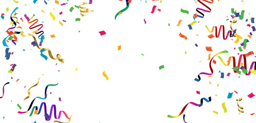 Celebration background template with confetti and colorful ribbons.