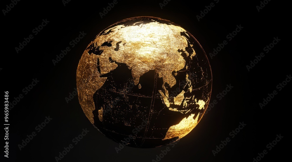 Poster a golden globe on a black background, high-quality 3d rendering, 45-degree angle, close-up shot of t