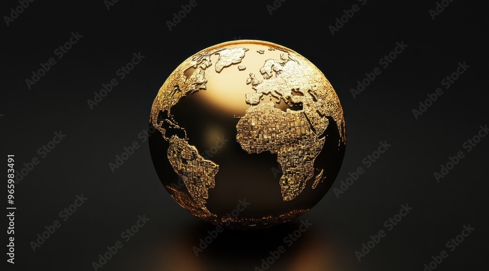 Poster a golden globe on a black background, high-quality 3d rendering, 45-degree angle, close-up shot of t