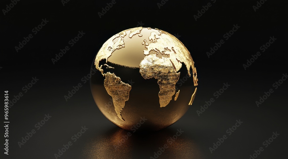 Poster a golden globe with a world map on it, 3d rendering of a gold texture, simple background, high resol
