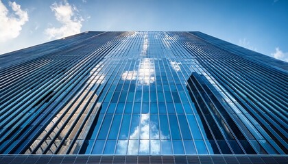 Low angle view of a modern glass office building with a blue sky reflection.