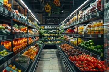 Fototapeta premium Vibrant grocery store aisle with an array of fresh produce and wholesome foods
