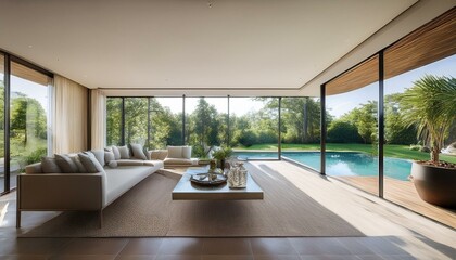 Fototapeta premium Luxurious living room with large windows overlooking a pool and lush greenery.
