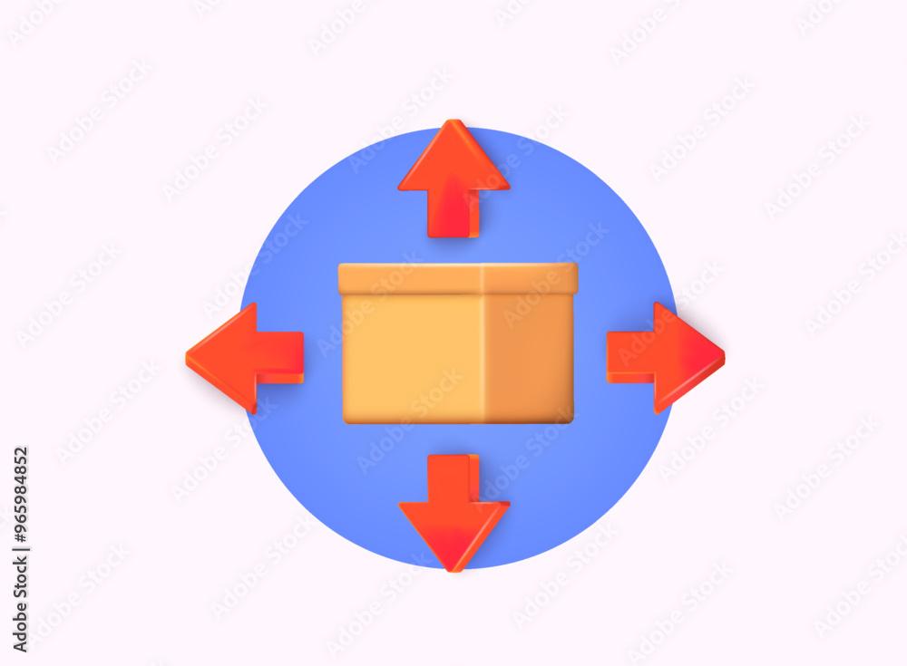 Poster cardboard box with arrows to represent delivery and logistics. 3d web vector illustrations.