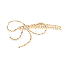 Rope twisted in bow. Hand drawn watercolor illustration isolated of background. Marine cord or string of hemp. Fiber of burlap. Nautical style clipart for card, creativity, craft, decoration, print.