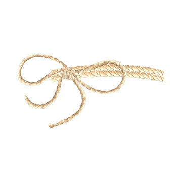 Rope twisted in bow. Hand drawn watercolor illustration isolated of background. Marine cord or string of hemp. Fiber of burlap. Nautical style clipart for card, creativity, craft, decoration, print.