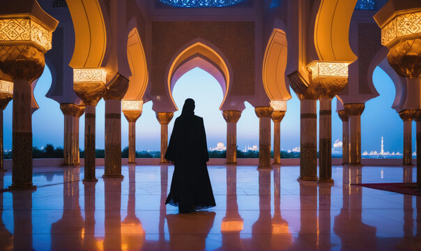 A woman walks through a grand mosque in the evening, the city skyline visible through the arches