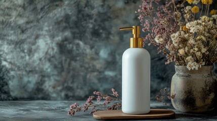 Empty mockup of a soap dispenser on a modern rustic background in a Scandinavian style.
