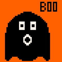 Black ghost in pixel style. Halloween pixel style. Pixel ghost on orange background. Halloween illustration. Illustration of pixel art.