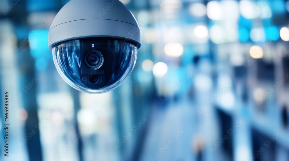 Poster a close-up shot of a security camera hanging from the ceiling with a blurry background of a modern b