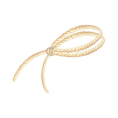 Rope twisted in loops. Hand drawn watercolor illustration isolated of background. Marine cord or string of hemp. Fiber of burlap. Nautical style clipart for card, creativity, craft, decoration, print.