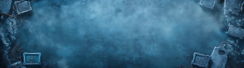 Enigmatic Halloween Border Frame with Mystic Runes and Tombstones in Deep Blue and Gray Fog Setting. Copy Space for Spooky Text.