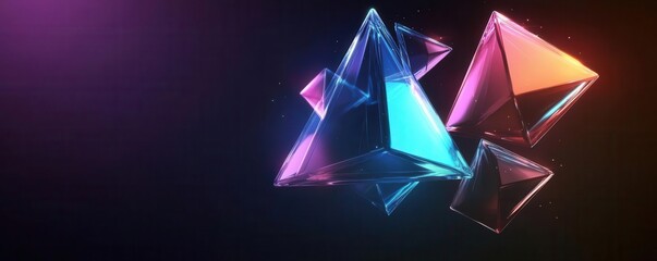 Floating prismatic triangles in a dark space, neon highlights, abstract geometric composition