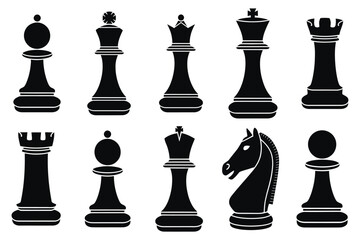 Chess piece icons set. Black silhouettes illustration  isolated on white background. King, queen, bishop, pawn, horse, knight, rook.