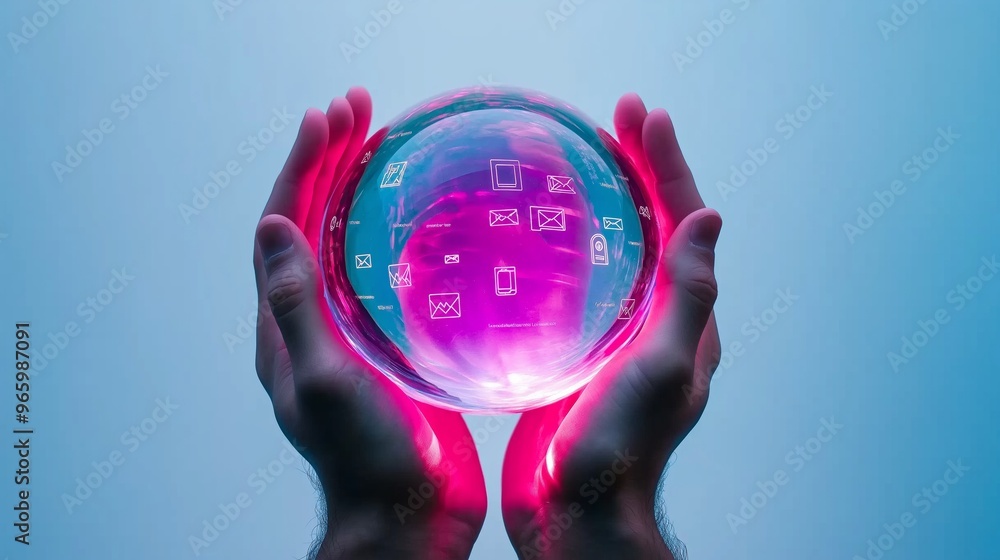 Poster a hand is holding a purple sphere with many icons on it. the sphere is glowing and he is a symbol of