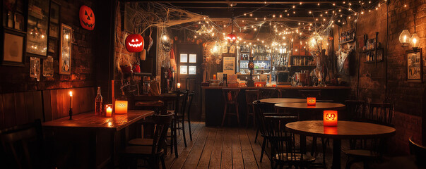 Spooky, dimly lit coffee shop with cobwebs, flickering candles, and Halloween decorations