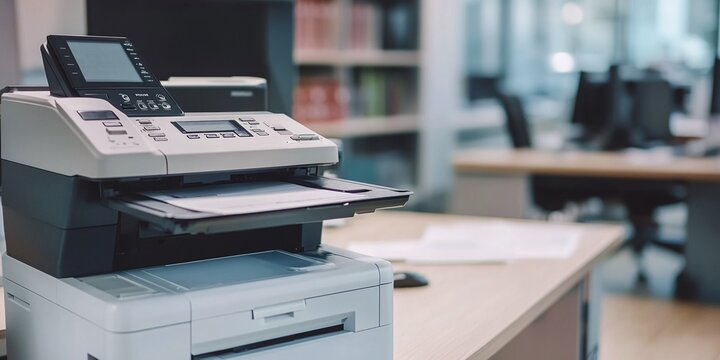 office laser printer and photocopier in a corporate setting, multifunction device for copying, printing, scanning, and faxing, ideal for business and office work