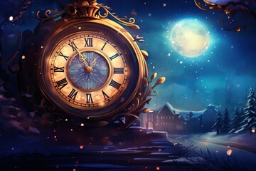 giant ornate clock in snowy night landscape with full moon and distant building