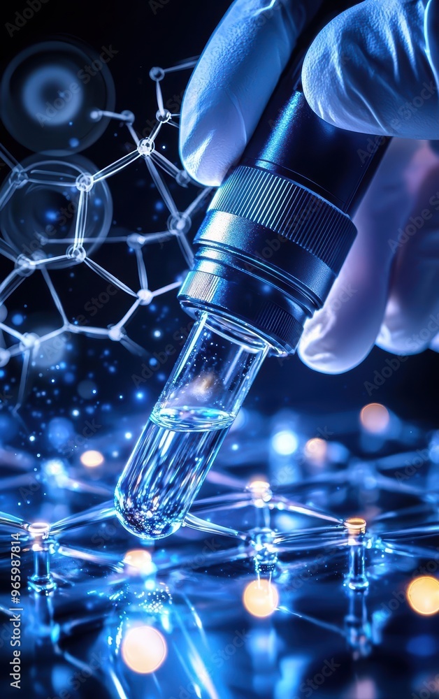 Poster a close-up image of a hand holding a pipette, performing an experiment in a futuristic laboratory fi