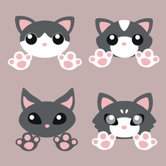 Fototapeta premium Set of cute cat faces with paws. Flat design style minimal vector illustration.