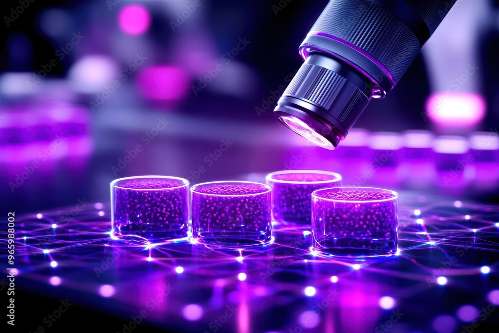 Poster a close-up view of a microscope examining glowing samples on a futuristic digital surface, showcasin