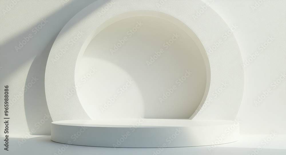 Poster modern minimalist stage design featuring circular backdrop in soft lighting